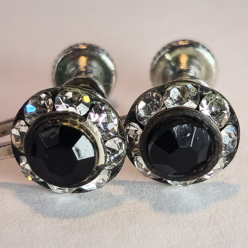 Vintage Black Faceted Stone Rhinestone Halo Screw Back Earrings Silver Tone